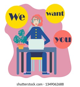 We want you for concept design. Employer concept. Wanted poster background. Cute employer. Vector background. White background. Advertisement Success concept.