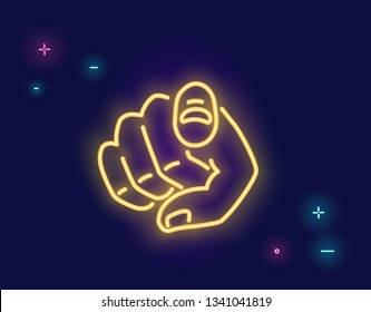 We want you human hand with the finger pointing or gesturing towards you in neon light style isolated on dark purple background. Bright vector neon illustration light website banner and landing page