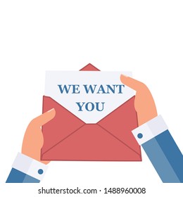 We want you. Invitation to work, interview. Flat design, white background.
