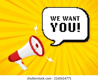 We want you megaphone for banner design. Pixel style illustration. Vector stock illustration