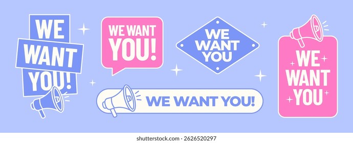 We want you message design with megaphones. Hiring and recruitment announcement in flat style.