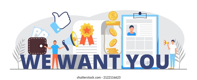 We want you, recruitment concept, great gob vector illustration. Startup, gob interview online concept with tiny people, big letters. Coins, money, resume are shown. 