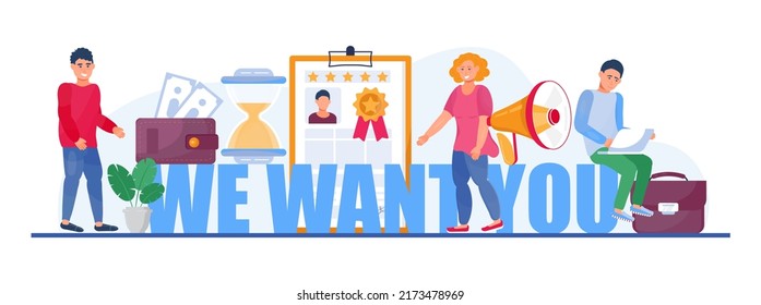 We want you, recruitment concept, great gob vector illustration. Startup, gob interview online concept with tiny people, big letters. Coins, money, resume are shown. 