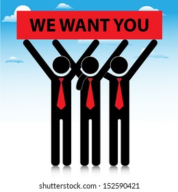 We want you sign and group of business man on blue sky background