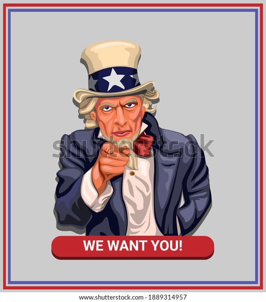 We want you! slogan with\
uncle sam in american vintage poster concept in cartoon\
illustration vector