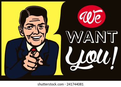 We want you! Vintage businessman picking candidate for job vacancy, we're hiring, recruitment illustration