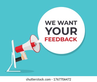 Queremos Sus Comentarios De Fondo. Hand with Megaphone and Speech Bubble Vector Illustration EPS10