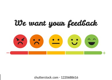 We want your feedback. Badge, stamp with happy and unhappy faces icons. Flat vector illustration on white background.