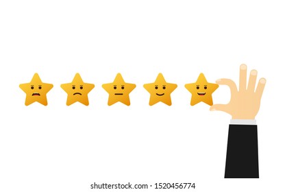 We want your feedback. Badge, stamp with happy and unhappy faces icons. Flat vector illustration on white background