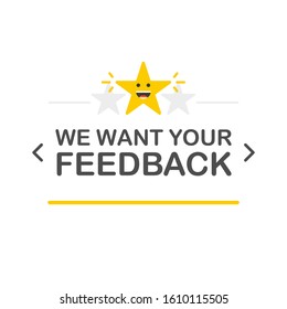 We want your feedback. Badge, stamp with happy and unhappy faces icons.