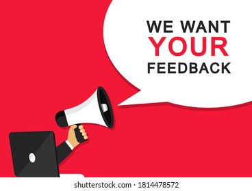 We want your feedback banner with megaphone and laptop. Advertising, marketing.