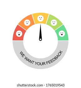 We want your feedback concept vector illustration on white background. Emotion scale in flat design. Customer service opinion and review.