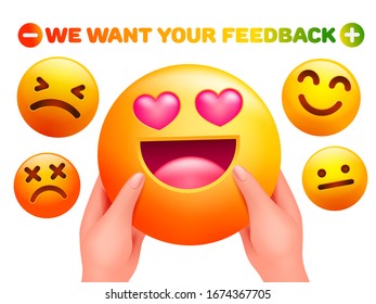 Wir möchten Ihr Feedback. Emoji-Charakteraufkleber in menschlichen Händen. 3D-Cartoon-Stil. Vektorillustration