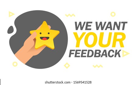 We want your feedback emotion stars scale banner. Consumer Review. Hand holding Yellow funny cartoon Emoji star icons User experience. Rank satisfaction rating. Vector illustration.