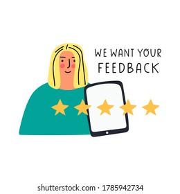 We want your feedback. Girl with smartphone and five stars. Vector illustration on white background.