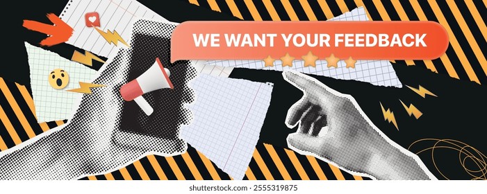 We want your feedback. Halftone hand holding smartphone trendy collage paper cut out. Pop art paper cut hand. Promotional advertising, marketing speech or client support vector illustration