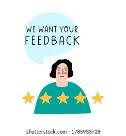 We want your feedback. Hand drawn illustration on white background.