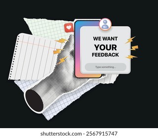 We want your feedback. Hand hold phone and speech bubble