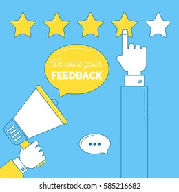 We want your feedback illustration. Man press on stars to rate service quality, leaves comment