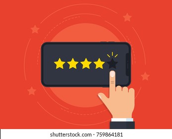 We want your feedback illustration concept. Hand want to give five star rating on smartphone. Business survey on mobile phone. Banner for promotion and advertising. Vector illustration