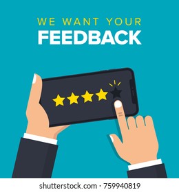 We want your feedback illustration concept. Hand want to give five star rating on smartphone. Business survey on mobile phone. Banner for promotion and advertising. Vector illustration