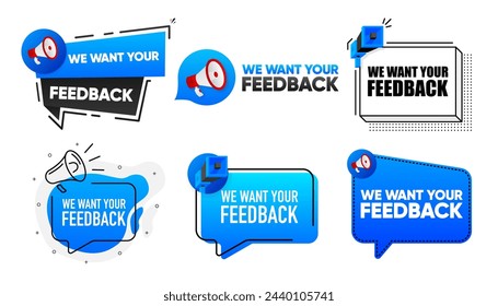 Queremos Sus Comentarios. Colección de etiquetas de megáfono con texto. Marketing y promoción. Ilustración vectorial.