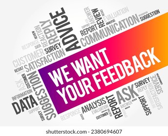 We Want Your Feedback - is a request for input, opinions, or evaluations from individuals regarding a product, service, or experience, word cloud concept background