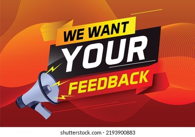 Queremos que tu opinión sobre el concepto de voz de retroalimentación sea ilustrativa vectorial con megáfono y estilo 3d para usar página de inicio, plantilla, ui, web, aplicación móvil, afiche, banner, volante, fondo, altavoz, etiqueta