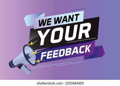 Queremos que tu opinión sobre el concepto de voz de retroalimentación sea ilustrativa vectorial con megáfono y estilo 3d para usar página de inicio, plantilla, ui, web, aplicación móvil, afiche, banner, volante, fondo, altavoz, etiqueta	