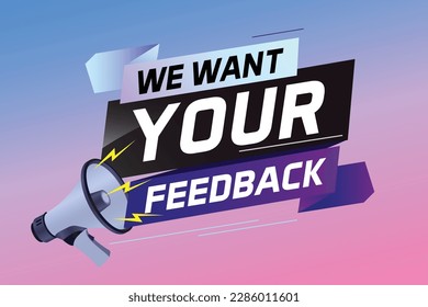 Queremos que tu opinión sobre el concepto de voz de retroalimentación sea ilustrativa vectorial con megáfono y estilo 3d para usar página de inicio, plantilla, ui, web, aplicación móvil, afiche, banner, volante, fondo, altavoz, etiqueta	