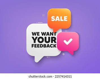 Wir möchten Ihr Feedback-Tag. 3D-Blaschatbanner. Rabattangebotscoupon. Befragung oder Zeichen der Kundenmeinung. Client-Kommentar. Ihr Feedback-Kleber-Tag. Werbebanner. Vektorgrafik