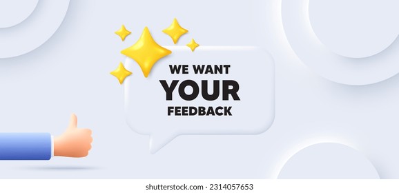 Queremos tu etiqueta de comentarios. Fondo neutral con burbuja de habla de chat. Encuesta o signo de opinión del cliente. Comentario del cliente. Su mensaje de opinión. Cartel con la mano. Vector