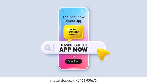 Wir wollen deine Rückmeldung. Telefon-Mockup-Bildschirm. Jetzt die App Herunterladen. Umfrage- oder Kunde-Meinungszeichen. Kundenkommentar. Herunterladene App-Suchleiste des Telefons. Ihre Rückmeldung-SMS. Vektorgrafik