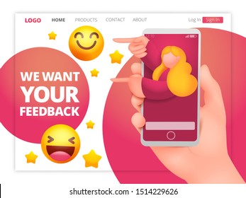 We want your feedback web page template with feemale assistant character. Vector illustration