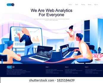 We are Web Analytics for everyone isometric landing page. Online data analysis isometry website. Analytic team studying financial indicators web concept, vector illustration with people characters.