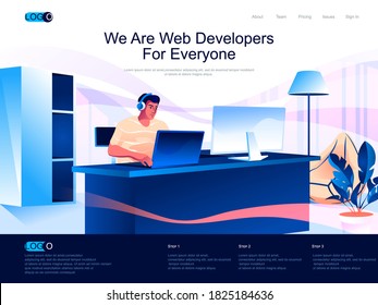 We are Web Developers for everyone isometric landing page. Full stack development isometry website. Programmer working in office web concept in flat style, vector illustration with people character.