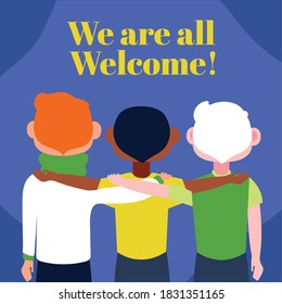 we are welcome lettering with boys group vector illustration design