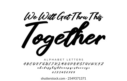 WE WILL GET THRU THIS TOGETHER. Coronavirus concept. Motivation quote. Stay strong. Typography poster. Self quarine time. Vector text. Fight cancer. Hope. Together we can overcome. Charity concept