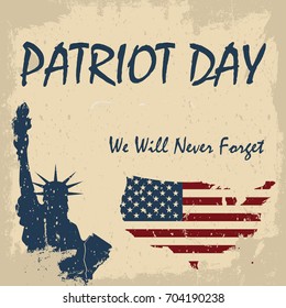 We Will Never Forget. 9/11 Patriot Day background, American Flag stripes background. Patriot Day September 11, 2001 Poster Template