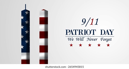  Nunca olvidaremos el 11 de septiembre, Día del Patriota. Bandera americana y edificio. Ideal para carteles, Anuncios y redes sociales. El fondo blanco.