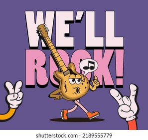 We will rock musical poster or t-shirt print design with cartoon walking character of electric guitar and lettering. Vector illustration