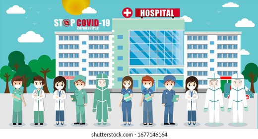 WE Will Strong Together, Patriotic inspirational positive quote about novel coronavirus covid-19 pandemic. STOP Covid-19. Strong Doctor Team standing at The hospital building is professional medical.