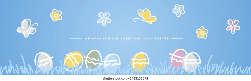 We wish you a blessed and holy Easter. Cute Easter spring day with flowers tulips colorful eggs in grass blue background greeting card