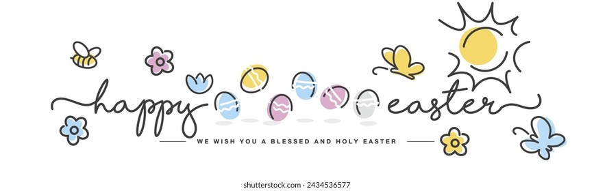 We wish you a blessed and holy Easter. Easter handwitten calligraphy lettering and jumping colorful eggs line design on a white background