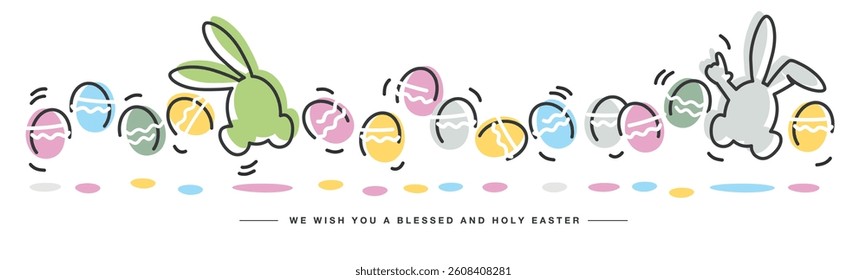 We wish you a blessed and holy Easter. Easter handwitten cheerful cartoon jumping colorful eggs and rabbits line design on a white isolated background
