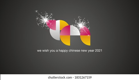 We wish you Happy Chinese New Year 2021 colorful abstract ox logo icon sparkle firework black background banner