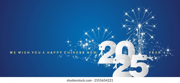 We wish you a Happy Chinese New Year 2025 event new elegant style white silver numbers in shape of snakes on blue background. 2025 Chinese year of the snake greeting card