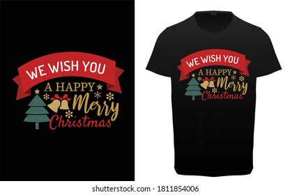 We wish you a happy merry Christmas  typography t-shirt design, Funny Christmas graphic print, Holiday decor with jingle bells, texts and ornaments. 