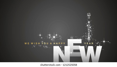 We wish you a Happy New Year 2019 silver black sparkle firework background