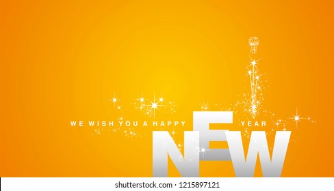 We wish you a Happy New Year 2019 silver orange yellow firework background